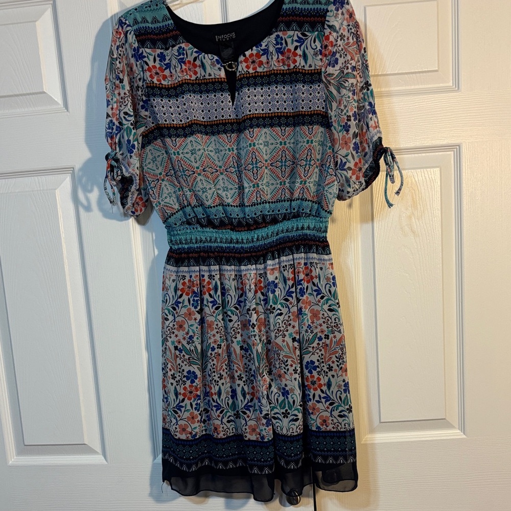Enfocus Studio Blue and Orange Patterned Mini Dress